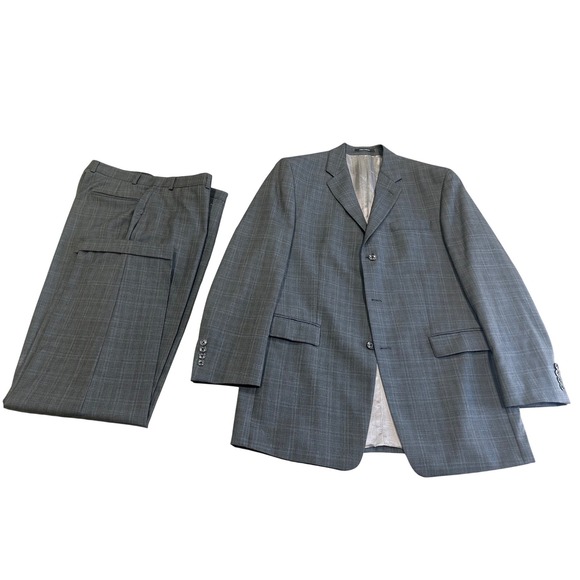 Calvin Klein Mens Grey Plaid 2 Piece Suit 42L Wool 2 Button Blazer Pants 31